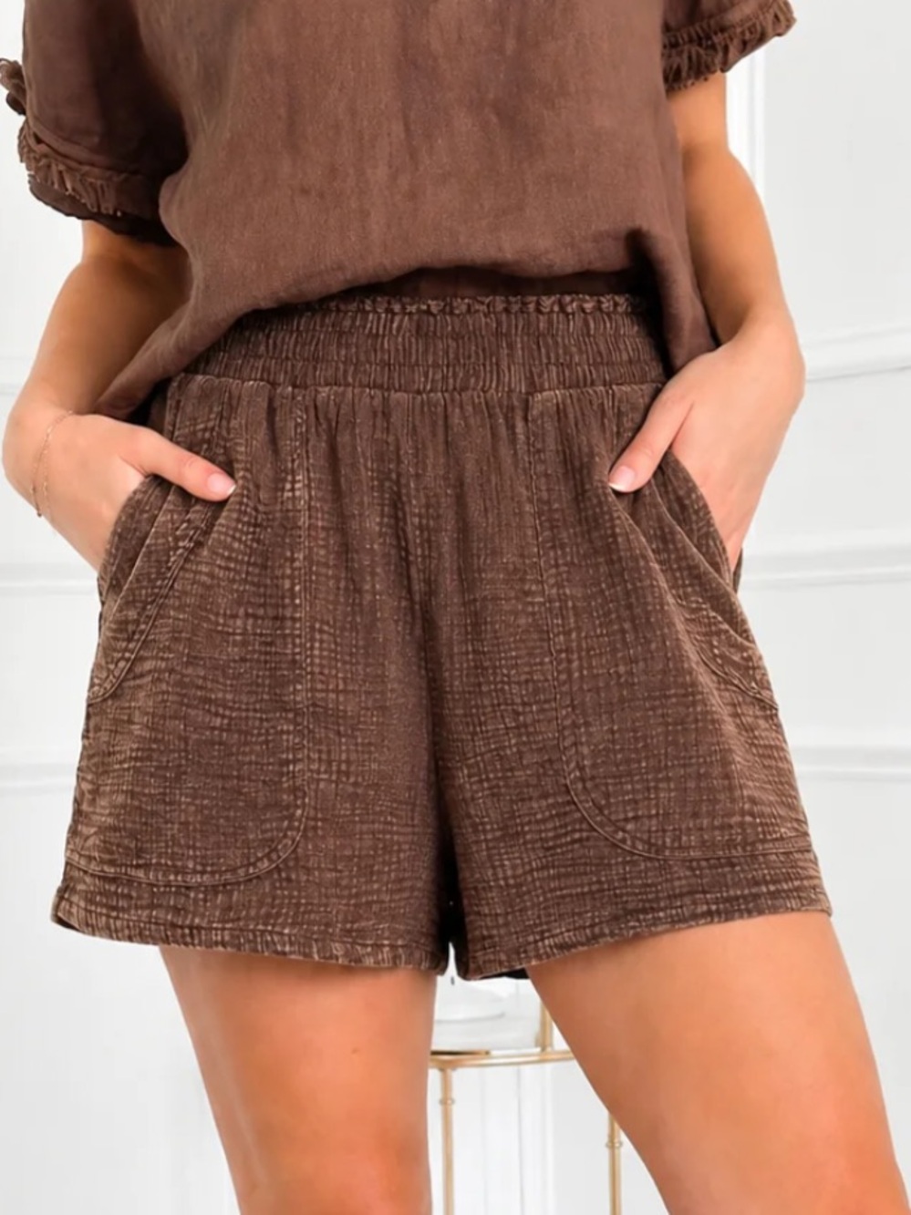 Zenana Washed Gauze Lounge Shorts - Mahogany medium